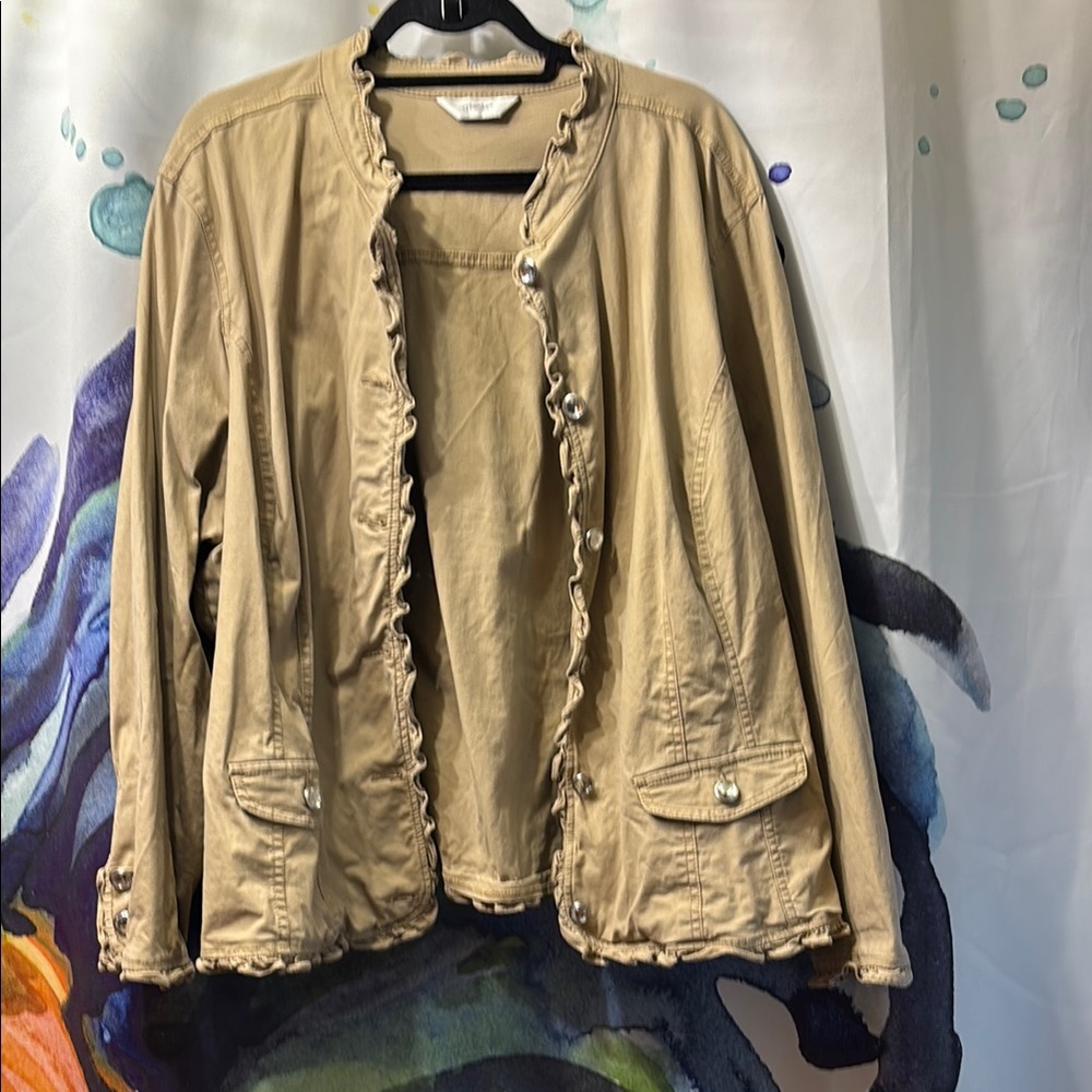 CJ Banks Women's Tan Jacket with Ruffle Trim and Bling Buttons